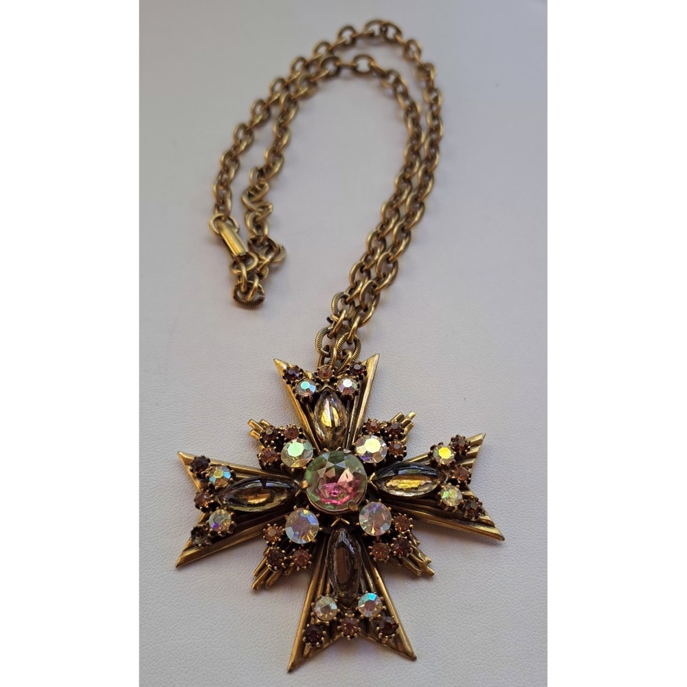 Florenza Maltese Cross Necklace 18"  Watermelon Rhinestone - Picture 5 of 10